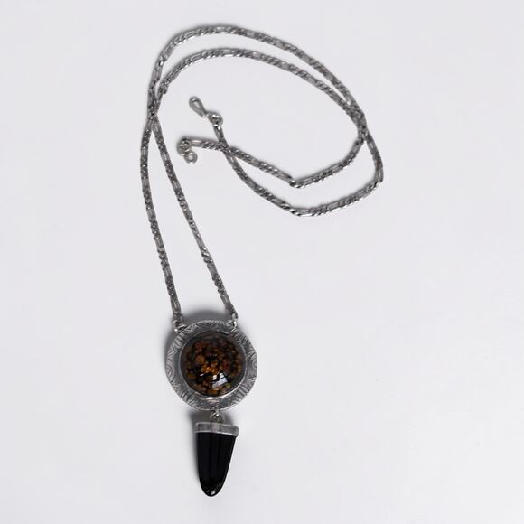 Vintage Sterling Silver Black Onyx Amber Resin Pendant Necklace Artisan 26 Inch - Picture 3 of 12